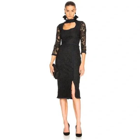 Alexis Fiorenza Midi Lace Dress 3/4 Sleeve Black Ruffled Sheath Cut Out XS - Picture 11 of 11